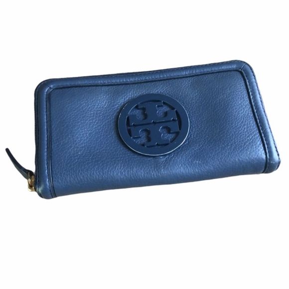 Tory Burch Handbags - 𝅺TORY BURCH CONTINENTAL WALLET PEBBLED LEATHER BLUE W/ GOLD ZIPPER